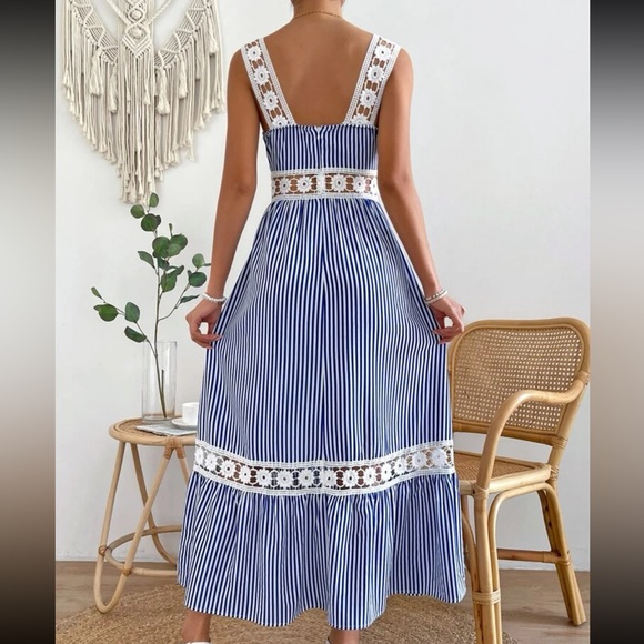 Boho Stripes Floral Sheer Mesh Lace Tiered Cami Maxi Dress - Picture 3 of 6